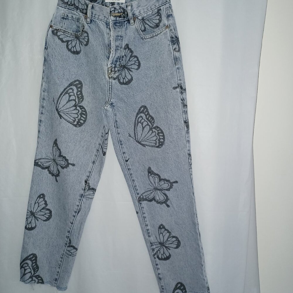 PACSUN BUTTERFLY HIGH WAISTED STRAIGHT LEG JEANS RAW HEM
